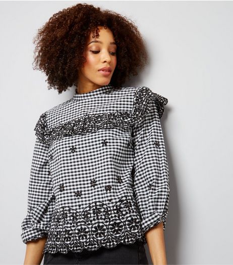Black Gingham Check Embroidered Frill Trim Top | New Look