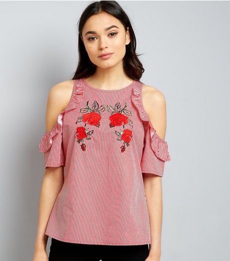 Red Floral Embroidered Stripe Cold Shoulder Top | New Look