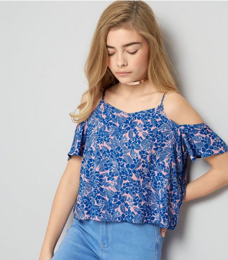 Teens Blue Tropical Print Cold Shoulder Top | New Look