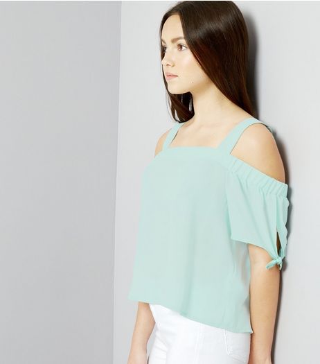 Teens Mint Green Tie Sleeve Cold Shoulder Top | New Look