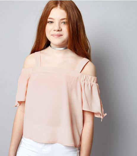 Teens Mid Pink Tie Sleeve Cold Shoulder Top | New Look