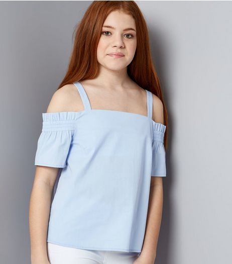 Teens Pale Blue Shirred Cold Shoulder Bardot Neck Top | New Look