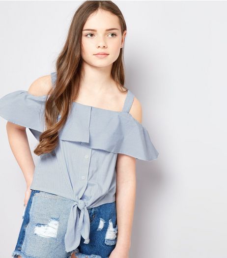 Teens Blue Contrast Stripe Cold Shoulder Tie Front Top | New Look