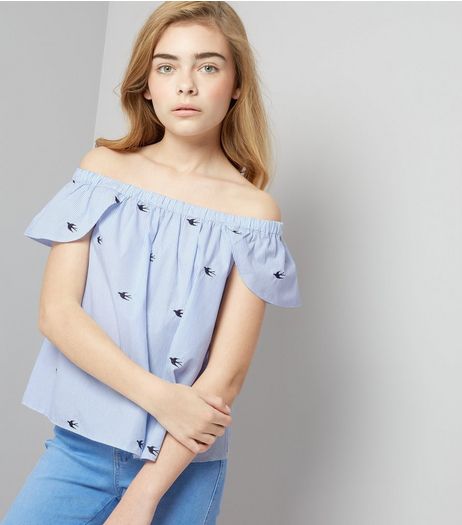 Teens Blue Stripe Bird Embroidered Bardot Neck Top | New Look