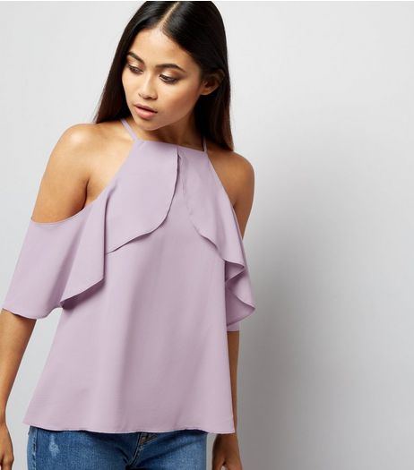 Petite Lilac High Neck Frill Trim Cold Shoulder Top | New Look