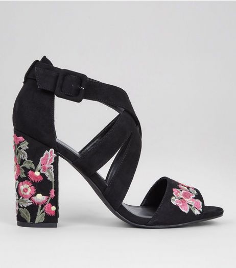 Black Suedette Floral Embroidered Heeled Sandals | New Look