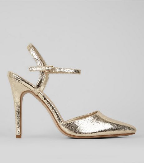 Gold Crackle Metallic Pointed Ankle Strap Heels | New Look