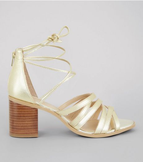 Gold Leather Cross Strap Heeled Sandals | New Look
