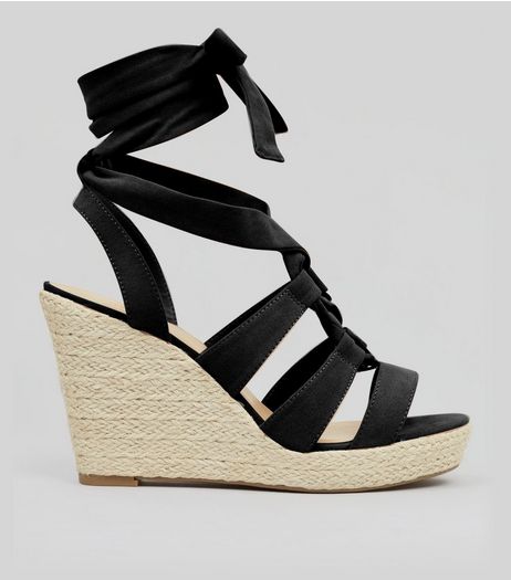 Black Suedette Tie Up Espadrille Wedged Heels | New Look