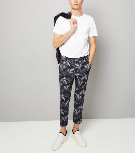 Navy Palm Print Tailored Slim Leg Trousers | New Look