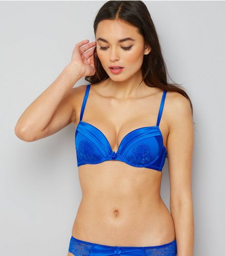 Blue Cuffed Satin Lace Trim Push Up Bra | New Look