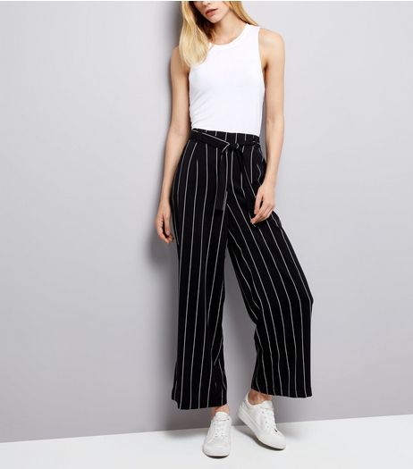Black Stripe Tie Waist Wide Leg Trousers | New Look