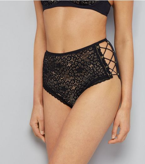 Black Floral Lace Lattice Side High Wiast Briefs | New Look