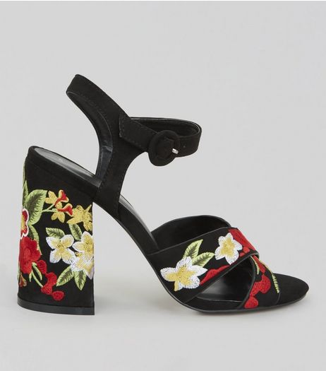 Black Tapestry Embroidered Cross Strap Heels | New Look