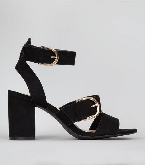 Black Suedette Multi Strap Chunky Block Heels | New Look