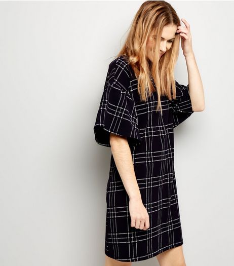 Navy Check Print Bell Sleeve T-Shirt Dress | New Look