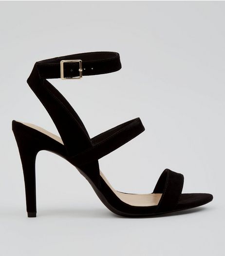 Black Comfort Suedette Triple Strap Heeled Sandals | New Look