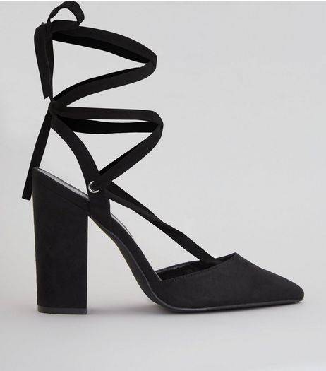 Black Suedette Tie Up Pointed Heels | New Look