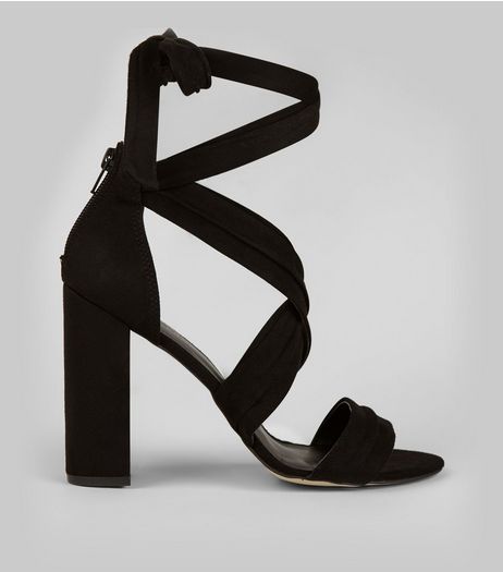 Black Suedette Ankle Tie Block Heels | New Look