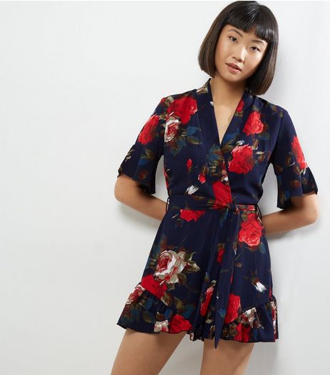 Parisian Navy Floral Frill Hem Playsuit | New Look