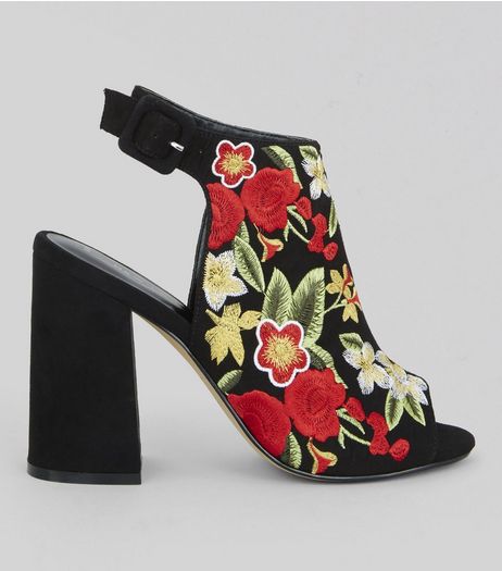 Black Suedette Floral Embroidered Peep Toe Heels | New Look