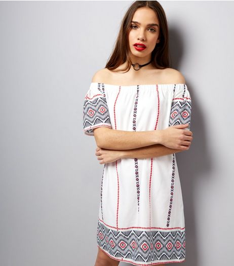 Parisian White Zig Zag Trim Bardot Neck Dress | New Look