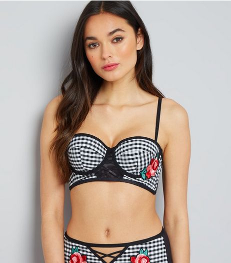 Black Gingham And Mesh Floral Badge Strapless Bra | New Look