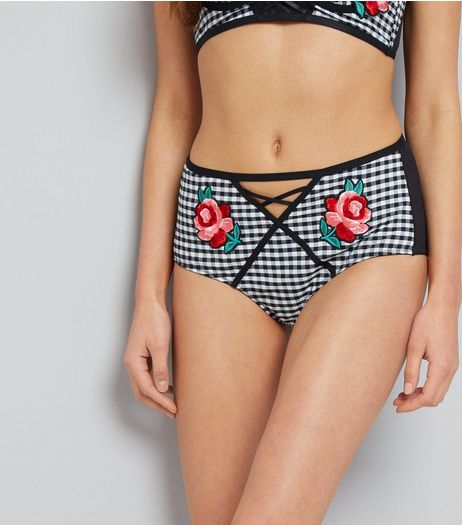 Black Gingham And Mesh Floral Badge High Waist Briefs | New Look