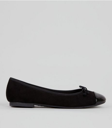 Black Suedette Patent Toe Cap Ballet Pumps | New Look