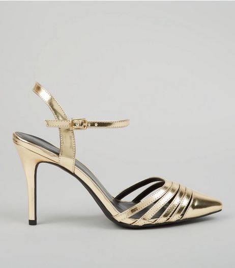 Gold Metallic Pointed Ankle Strap Heels | New Look