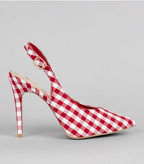 Red Gingham Pointed Sling Black Heels | New Look