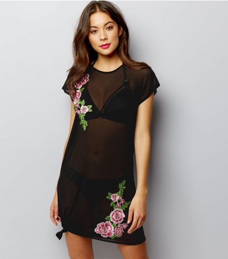 Black Mesh Floral Embroidered Applique Tie Hem Beach Tunic | New Look