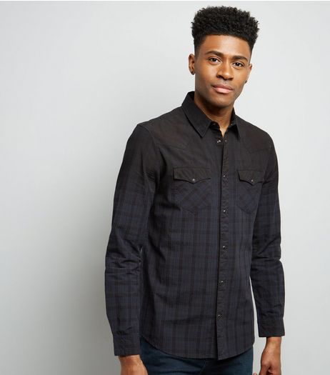 Navy Check Ombre Long Sleeve Shirt | New Look