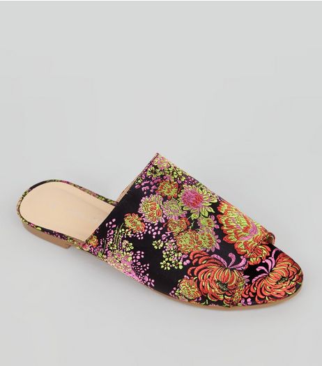 Black Floral Brocade Mules | New Look
