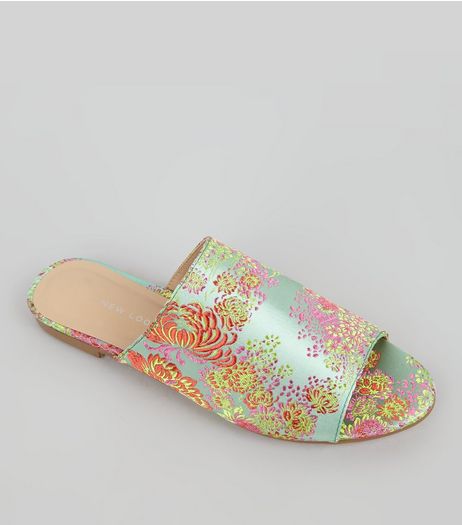 Pale Green Floral Brocade Mules | New Look