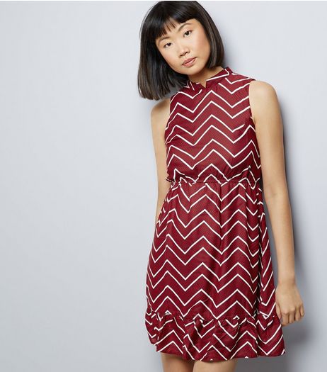 Mela Burgundy Zigzag Print Frill Trim Dress | New Look