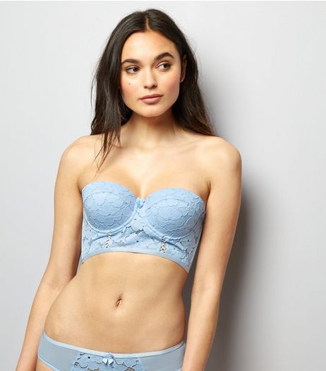 Pale Blue Floral Lace Lattice Front Strapless Longline Bra | New Look