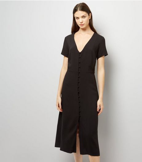 Black V Neck Button Front Midi Dress | New Look