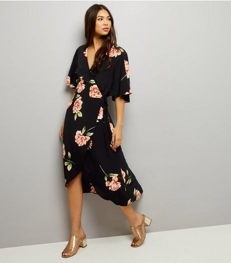 Black Floral Print Wrap Front Maxi Dress | New Look