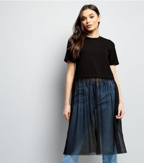 Black 2 in 1 Layered Mesh Contrast Skirt Midi T-Shirt Dress | New Look