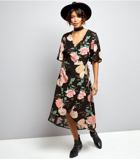 Black Floral Print Wrap Front Maxi Dress | New Look