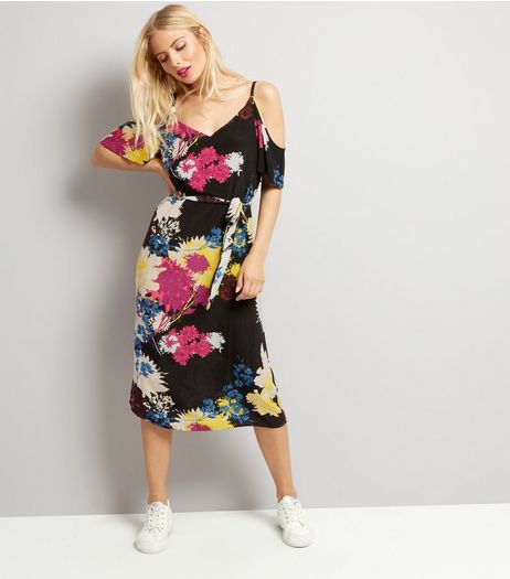 Black Floral Print Cold Shoulder Midi Slip Dress | New Look