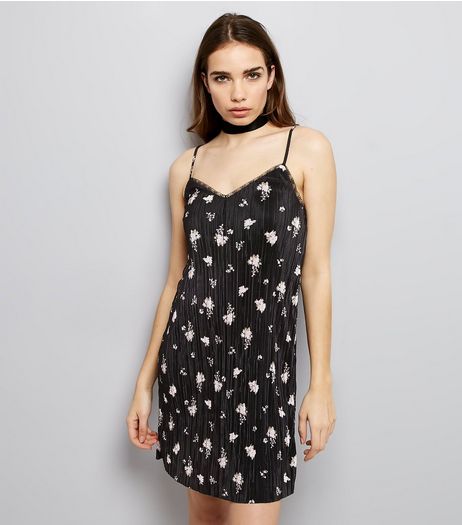 Black Floral Print Pleated Lace Trim Slip Dress | New Look