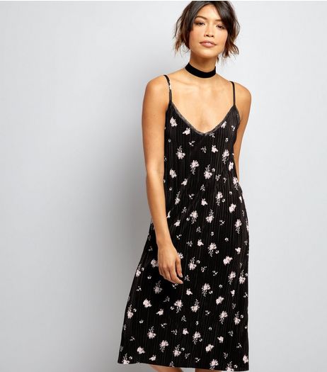 Black Floral Print Pleated Midi Slip Dress | New Look