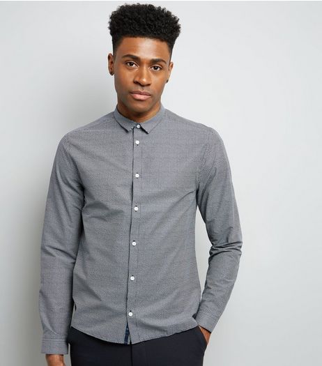 Navy Grain Print Long Sleeve Shirt | New Look