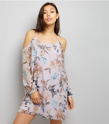 Lilac Floral Print Chiffon Cold Shoulder Dress | New Look