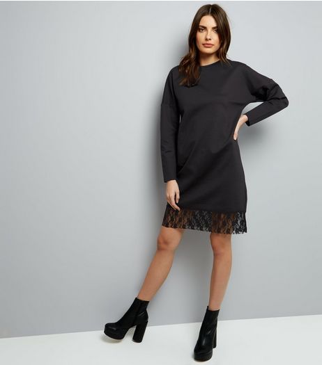 Black Lace Hem Long Sleeve Jumper Dress | New Look