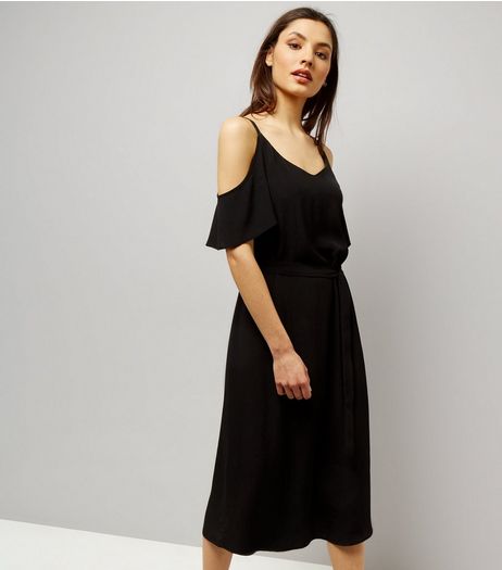 Black V Neck Cold Shoulder Midi Slip Dress | New Look