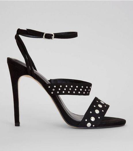 Black Suedette Stud Detail Heeled Sandals | New Look