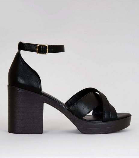 Black Platform Cross Strap Heels | New Look